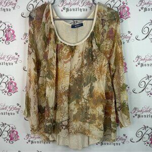 Giulia Italy flowy camo style leafs Floral Chiffon Blouse - Cream and Brown